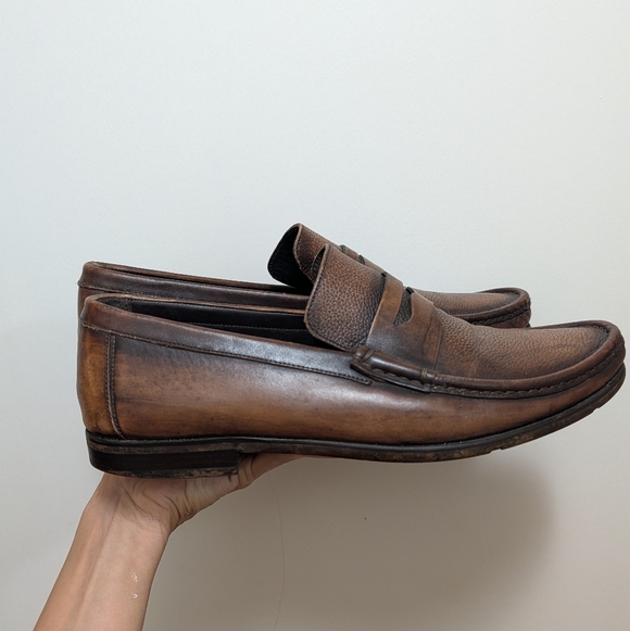Bruno Magli Burnished Brown Slip On Penny Loafer Distressed Shoes 12.5